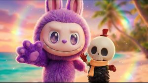 Лабубу и Тикоко открывают мерцающую дверь-пузырь на тропическом пляже. Лучшее приключение