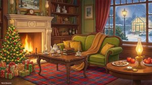 Its a cold winter night with vintage oldies playing in another room cozy christmas ambience