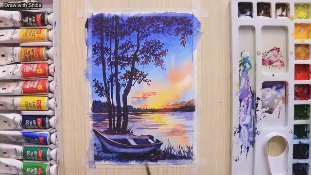 Акварельная живопись для начинающих: пейзаж с деревьями и лодкой, пошаговый МК смотреть онлайн