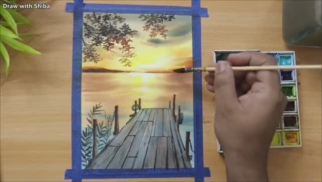 Рисуем акварелью вечерний закат у реки, шаг за шагом смотреть онлайн