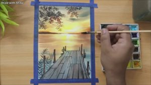 Рисуем акварелью вечерний закат у реки, шаг за шагом