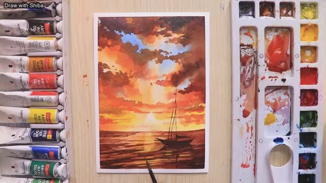 Мастер-класс для начинающих по рисованию акварелью красивого заката и лодки смотреть онлайн