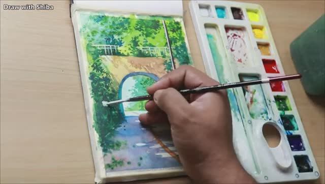 Мастер-класс по рисованию акварелью дороги, моста в окружении деревьев, поэтапно для начинающих смотреть онлайн