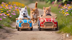 😹Мама кошечка со своим маленьким котёночком и его другом катаются на машинках🔥