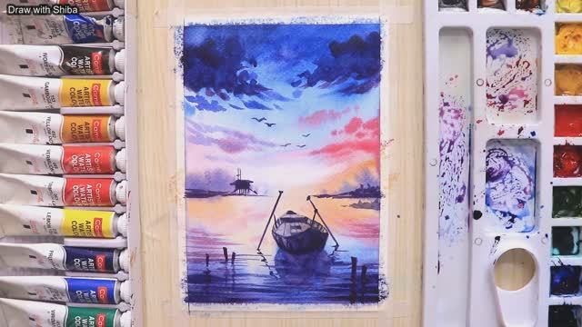 Мастер-класс пошаговый по рисованию акварелью закатных облаков и морского пейзажа с лодкой смотреть онлайн