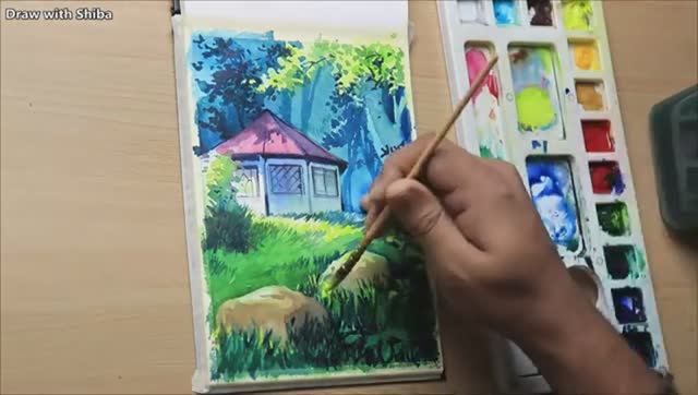 Рисуем акварелью лесного домика и деревьев в стиле фильмов студии Ghibli смотреть онлайн