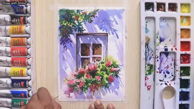 Акварельная живопись для начинающих: красивое цветущее дерево и простое окно Простой пошаговый урок смотреть онлайн