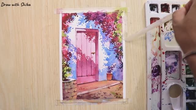 Мастер-класс для начинающих по рисованию акварелью цветочного дерева и двери. смотреть онлайн