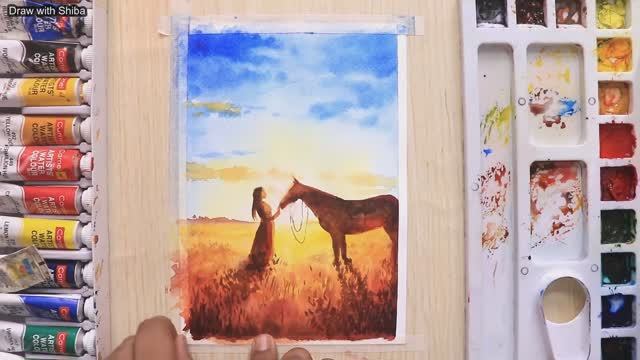 Мастер-класс для начинающих по рисованию акварелью заката с девушкой, стоящей рядом с лошадью. смотреть онлайн
