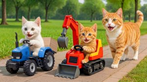 😹Мама кошечка со своим маленьким сыночком катается на тракторе и экскаваторе🔥