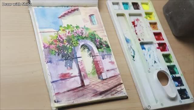 Мастер-класс по рисованию акварелью цветущего дерева у ворот, поэтапно для начинающих смотреть онлайн