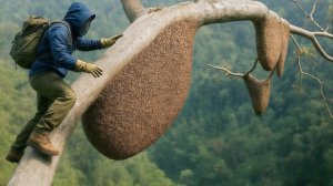 Гигантское дерево дикие пчели и никакого страха. Настоящий сборщик меда.