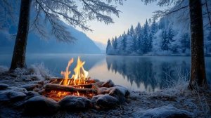 Зимний Костёр возле Озера. Приятные звуки водички, треска дров и птиц вдалеке.