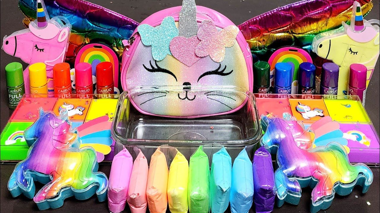 РАДУЖНЫЙ слайм ASMR С ЕДИНОРОГОМ И КОШКОЙ, смешивающий блестки из косметики в Большой  слайм
