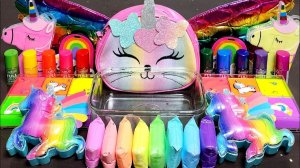 РАДУЖНЫЙ слайм ASMR С ЕДИНОРОГОМ И КОШКОЙ, смешивающий блестки из косметики в Большой  слайм