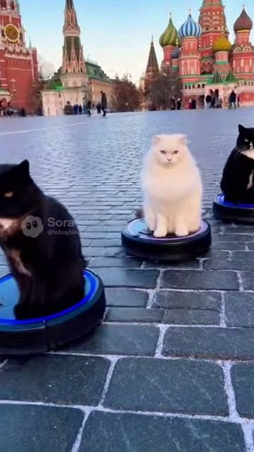 Коты катаются на роботах пылесосах на красной площади