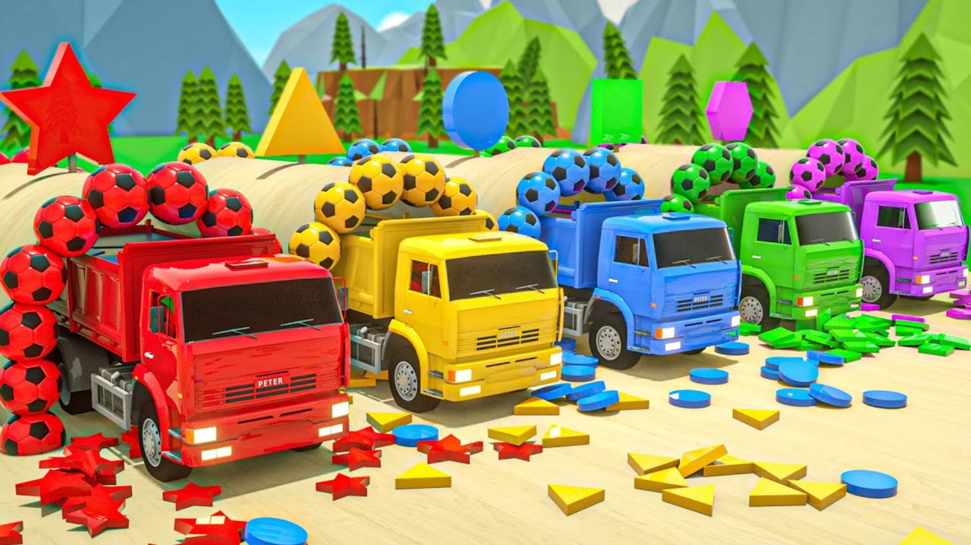 Детские машинки, фрукты и футбольные мячи - Детские песенки - Мультфильмы для детей про машинки