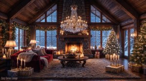 Новогодняя атмосфера у камина 🎄 Уютный камин в домике и снегопад | ❄️ Тихая зимняя ночь | 4K