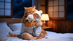 Рыжий котёнок дома один, пока мама кошка усердно работает всю ночь