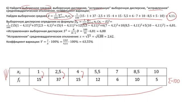 Нахождение выборочного среднего, выборочную дисперсии, исправленной дисперсии (РЗ 9.6)