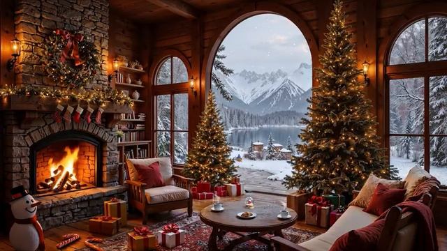 Новогодний джаз, рождественские мелодии,  уютная гостиная с видом на горы, снег смотреть онлайн