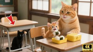 Рыжий котенок делится едой с маленькой черной кошкой. Трогательный поступок