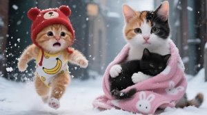 Младший брат не выдерживает, увидев, как бездомный котенок спасает черного котенка в снежную бурю