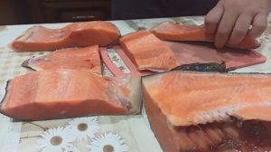 Сын солит рыбу Кижуч.