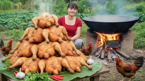 Заготовка цыплят и приготовление жареной курицы целиком. Продажа клубней и грибов на рынке. Фуонг