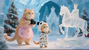 Котенок Джинджер впервые исследует ледяной замок вместе с мамой-кошкой