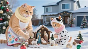 Мама-кошка помогает Джинджер обустроить рождественскую пещеру,чтобы поприветствовать младенца Иисуса