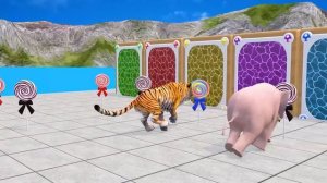 5 уток, корова, слон, тигр, лев, динозавр, раскрашенные животные, переходящие фонтан. Анимация.