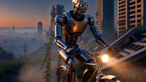 Путешествие в мире руин: механический странник на закате 🌅🤖🚲