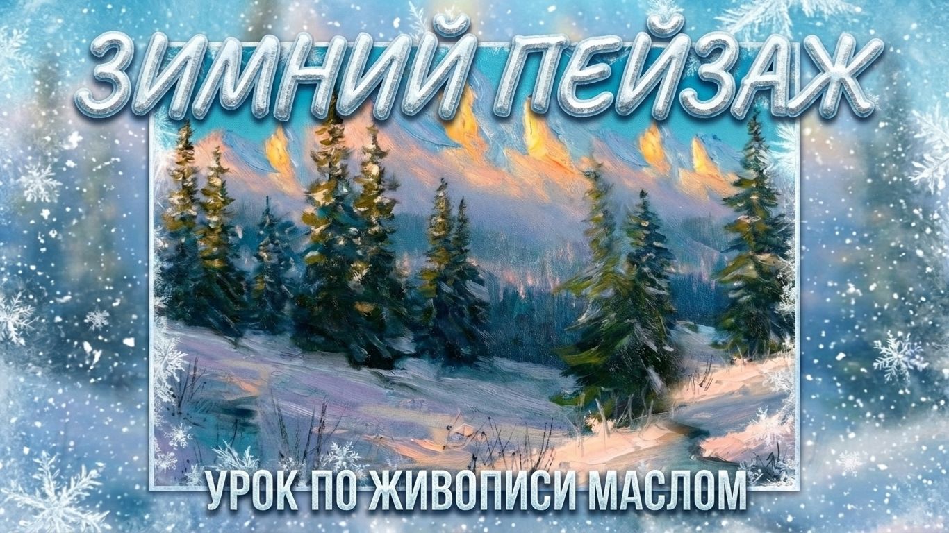 Снежная долина с елями | Праздничный пошаговый урок по живописи маслом смотреть онлайн