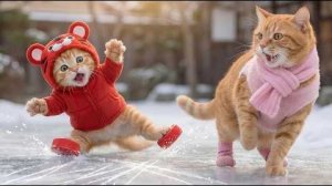 Котенок Джинджер пробует кататься на самодельный коньках и санках