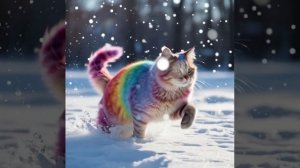 радужный котёнок бежит по снегу