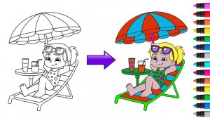 Девочка загорает и отдыхает на пляже | Рисование и раскраска для детей  🎨🖌️