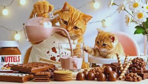 Добрый рыжий кот с котятами собрал ассорти из шоколадных конфет и сладостей