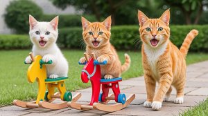 😹Мама кошечка сделала своему маленькому сыночку игрушку лошадку качалку🔥