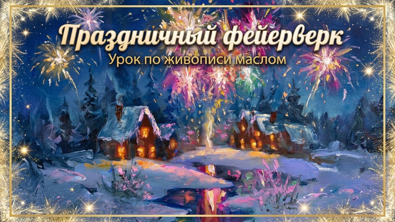 Новогодний фейерверк маслом | Пишем яркий салют над заснеженной деревней смотреть онлайн