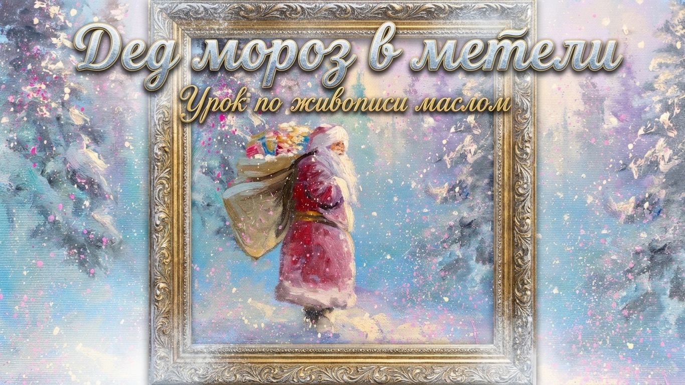 Дед Мороз в метели маслом | Пишем Деда Мороза с мешком подарков в снегопад смотреть онлайн