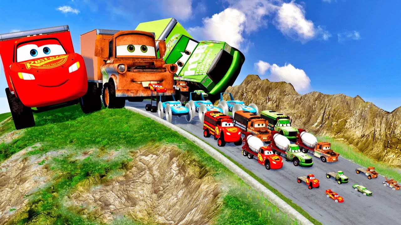 Молния Маквин ,Мэтр и Кинг превратились в грузовиков! Кто круче на спуске? смотреть онлайн