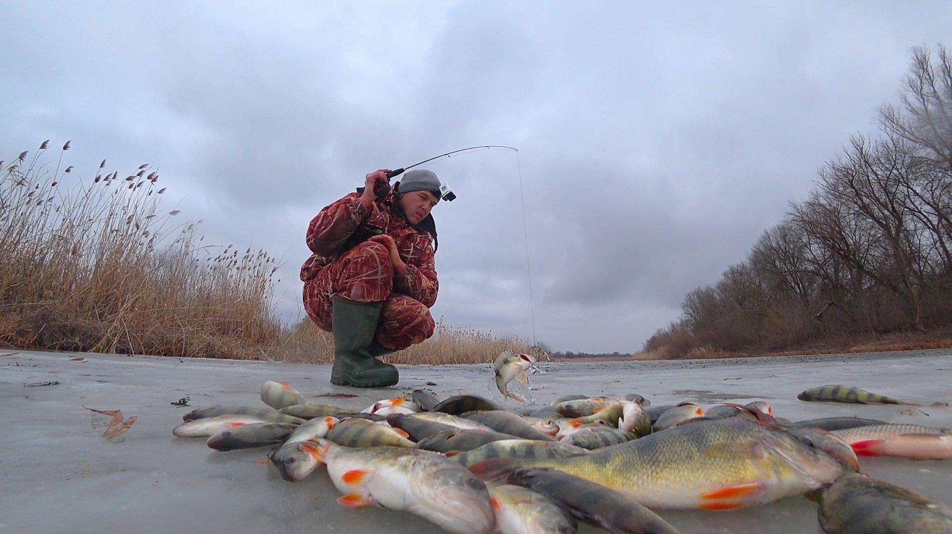 ВО ПОПАЛ! РЫБА БРОСАЕТСЯ. ПЕРВЫЙ ЛЁД В АСТРАХАНИ. Зимняя рыбалка со льда на окуня и красноперку.