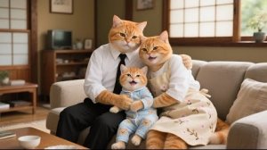 Котенок Джинджер  и мама-кошка с нетерпением ждут дома, пока папа-кот готовится вернуться