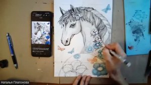 Лошадка с бабочками и цветами (графика)