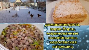 Домашние дела,  варю борщ. Новогодние рецепты - "Маринованные  шампиньоны",  "Королевская ватрушка".