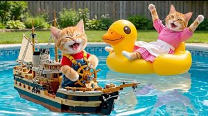 Мультики для детей, котик с мамой построили бассейн и купаются, мульти про котиков/видео про котиков