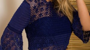 Блузка синяя, связанная крючком филейная сетка