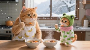 Котенку Джинджер зимой холодно. Мама-кошка вяжет для него шарф вручную