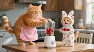 Котенок Джинджер роняет мороженое. Мама-кошка готовит другое лучшее клубничное мороженое